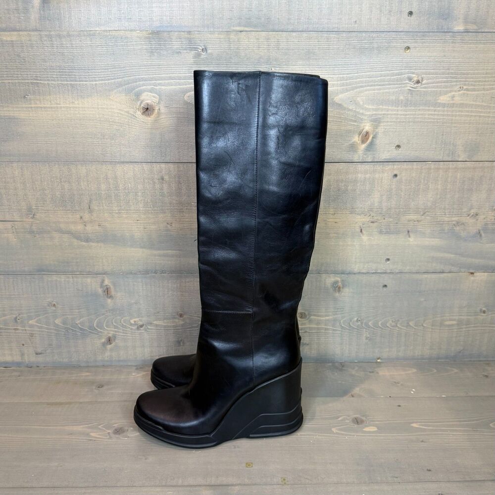 Prada FW 2014 Black Leather Knee High Wedge Boots EU 39, US 9